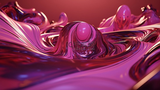 超现实主义金属和液体玻璃抽象艺术在 3d 渲染中具有紫色和粉红色调