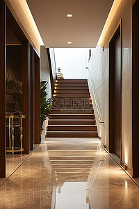 通往楼梯的大理石瓷砖走廊