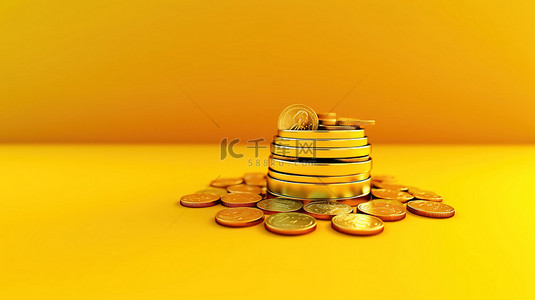 黄色背景上发光的 3D 级现金和硬币