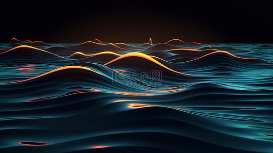 闪光背景图片_用 3D 渲染的水线照亮海洋的夜间波浪