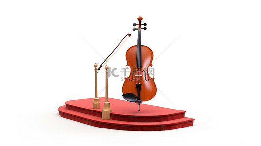 优雅的木制小提琴和弓放在圆形白色基座上，带有楼梯和红色跑步者，以令人惊叹的 3D 渲染呈现