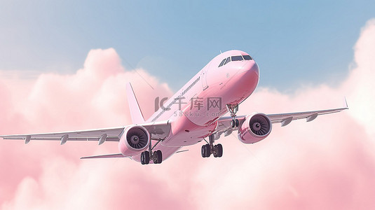 飞机在柔和的粉红色天空中飞行的 3D 渲染，云彩完美适合航空旅行概念