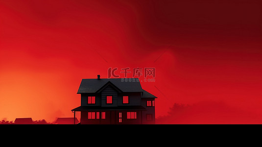 房地产横幅背景 3D 房屋轮廓插图，带有大胆的红色边框
