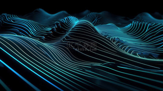 发光的 3D 立体蓝色条带类似于海浪的几何条纹