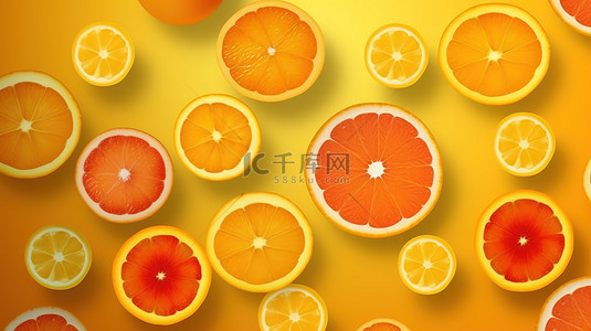 在充满活力的橙色背景上对角线处葡萄柚片的 3D 渲染