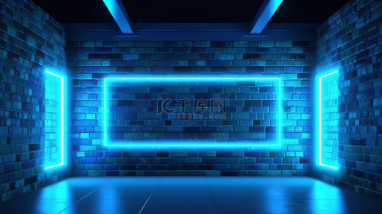 有蓝光砖墙和 3d 框架的霓虹灯室