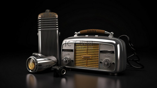 立体声麦克风背景图片_黑色背景下的 3D 经典收音机和老式麦克风
