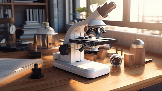 实验室器材背景图片_用当代实验室显微镜对木桌进行 3D 渲染