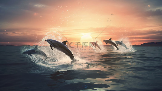跳跃的海豚背景图片_一群跳跃的海豚，远处有巨大的月亮 3D 渲染