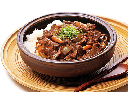 米饭拌饭料背景图片_一个棕色的圆锅，里面有肉米饭和洋葱
