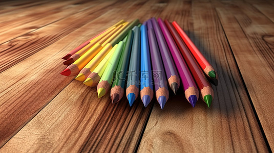 3D 渲染中的彩色铅笔，木质表面上有空白页