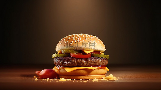 开胃的背景图片_3D 快餐图像中的多汁汉堡肉饼