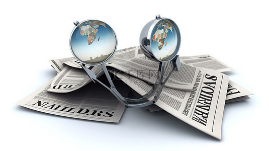 探索白色背景 3D 渲染上的头条新闻放大镜和报纸