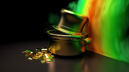 圣帕特里克绿色背景图片_圣帕特里克节主题 3D 渲染一罐金子和一顶妖精的帽子