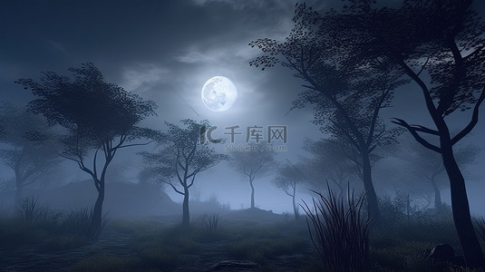 可怕的背景图片_雾中月光下的神秘森林 3d 渲染的夜景