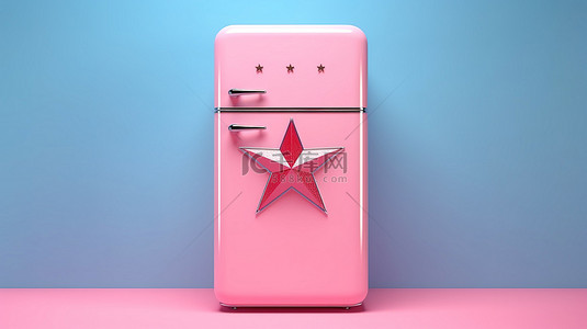 复古星形粉色和蓝色背景与复古粉色冰箱的 3D 渲染