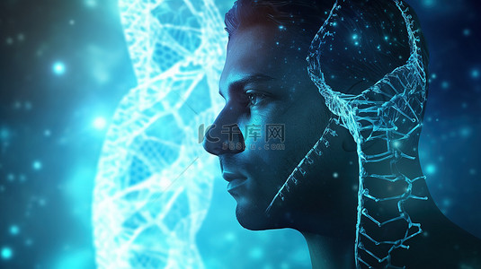 3D 渲染医学背景中的男性人物 DNA 链和大脑