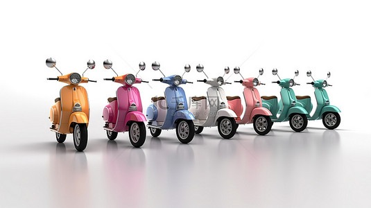 多人骑摩托背景图片_3D 渲染复古和电动滑板车在白色背景上的多色