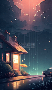 雷雨天背景背景图片_乌云房子灯光马路植物雨天的街道卡通可爱背景
