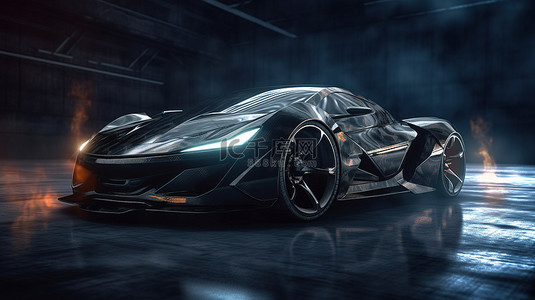 未来概念黑色跑车，高速 3D 插图中带有垃圾覆盖