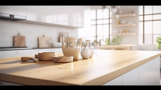 木质桌背景图片_现代白色和木质主题内饰中厨房岛台面的 3D 渲染