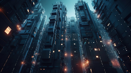 高耸的赛博朋克摩天大楼的 3d 渲染
