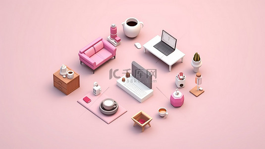 带有白色和粉色家居装饰的等距办公桌的平面 3D 图标
