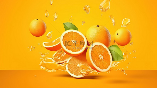 橙色背景上新鲜柚子片漂浮飞行和坠落的 3D 渲染