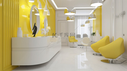 医院房间背景图片_美容院接待区的现代 3D 渲染，带有白色和柠檬色调