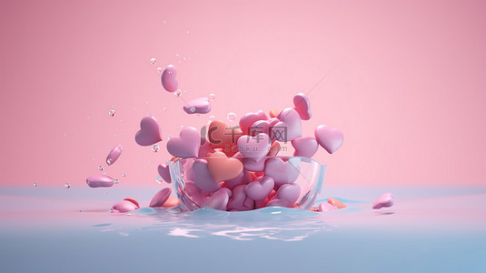 彩色心形层叠成柔和的粉红色泳池 3D 渲染
