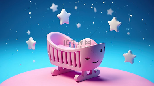 梦幻般的蓝天，粉红色婴儿摇篮星星和月亮在 3d 中创建