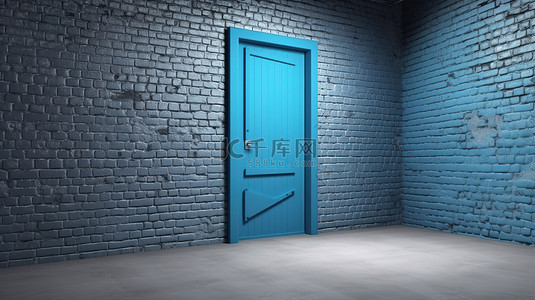 带蓝色门的砖墙开放入口的 3D 渲染图像
