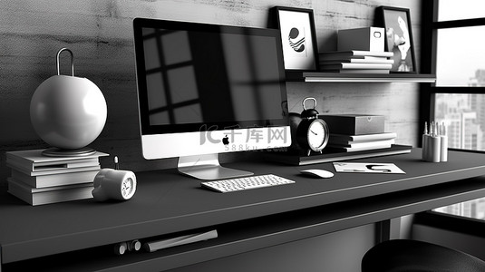 现代办公室设置，配有台式电脑和时尚的装饰 3D 渲染插图