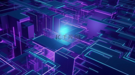 紫色和蓝色的抽象几何赛博朋克背景 3D 渲染技术广告
