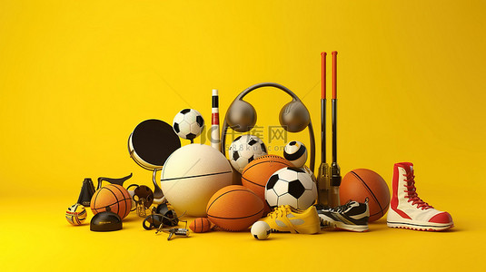 黄色的网球背景图片_黄色背景下的 3D 渲染运动装备