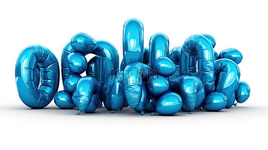 晚会字体背景图片_白色背景上带有手写字母的蓝色光泽气球的 3d 插图
