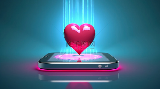 数字浪漫 3D 渲染手机与类似的心和约会应用程序图标