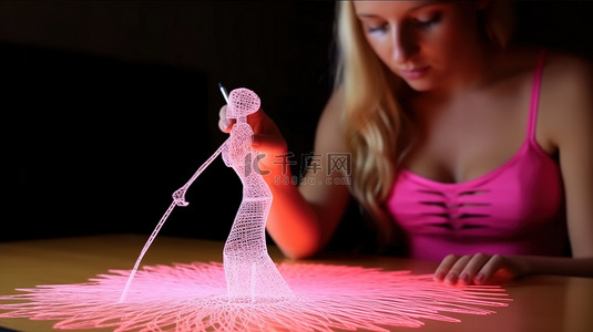 穿着玫瑰色礼服的亚麻色头发的女人用 3D 笔创作