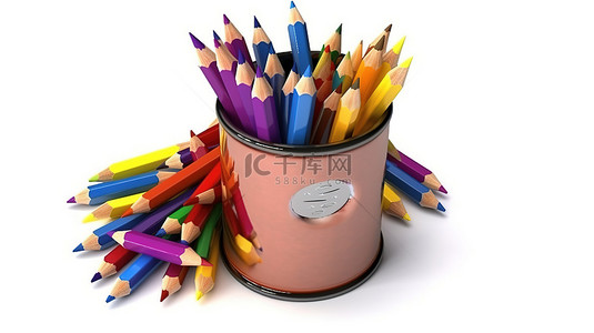 淡蓝色背景背景背景图片_白色背景上装满彩色铅笔的三角形锡罐的 3D 插图
