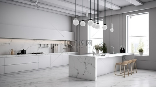 奢华的装饰以 3D 渲染装饰最小的白色厨房