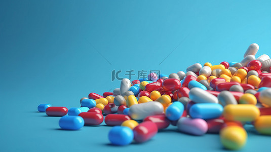 3d彩色背景图片_蓝色背景空白区域中充满活力的药物各种彩色药丸和胶囊，用于文本 3D 渲染