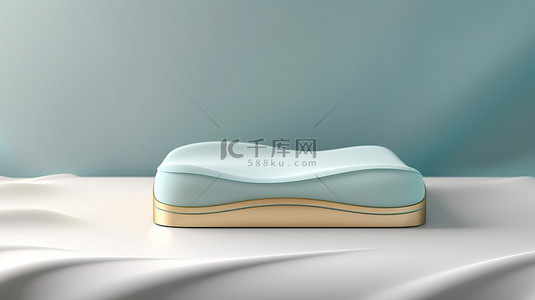 优雅的化妆品摄影简约浅蓝色 3D 显示屏，配有金色衬里平躺讲台和波浪纺织品