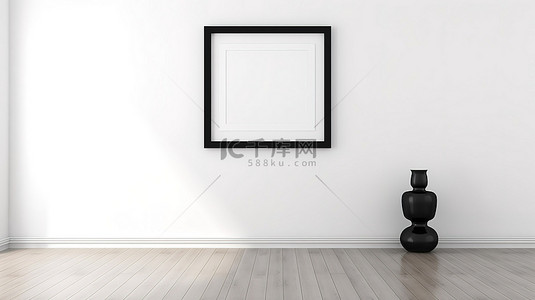简约的装饰白墙木地板和空黑框非常适合 3D 海报背景