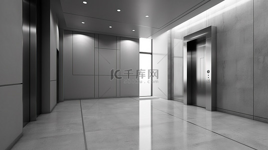 从侧面看室内办公环境中关闭的电梯旁边的空招牌 3D 建模