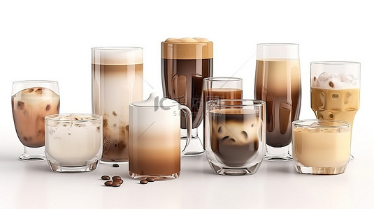 透明玻璃和豆类 3d 卡通风格渲染的各种咖啡饮料