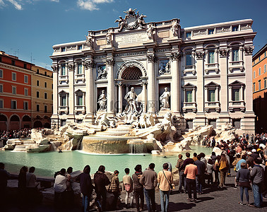 罗马背景图片_人们聚集在罗马的特莱维喷泉附近