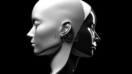 黑色背景下正面和侧面孤立女性头部的 3D 插图