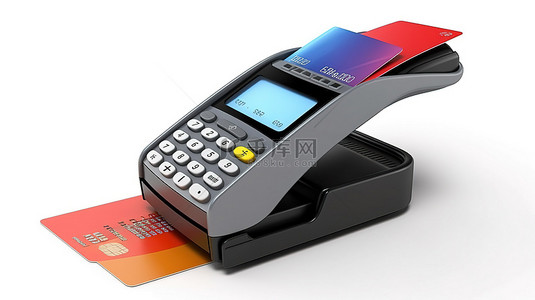 支付终端背景图片_白色背景购物车信用卡支付终端的 3D 渲染