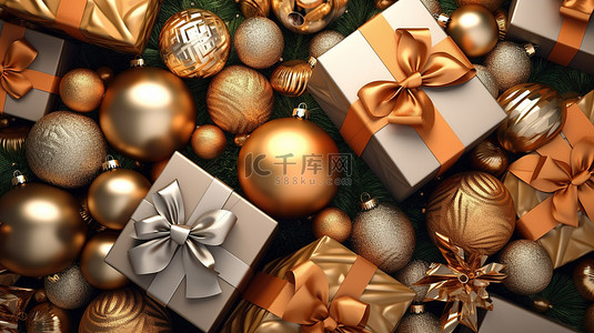 圣诞礼物季背景图片_3d 渲染的圣诞礼物和节日背景上的装饰品