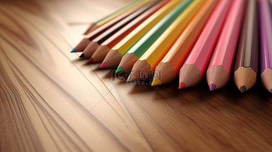 彩色铅笔放在木质表面上的充满活力的 3D 插图，并留有空白页的空间